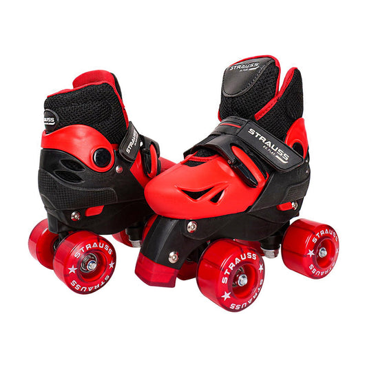 STRAUSS Gatiman Adjustable Roller Skates with Brake, 4 Wheels, Sub-Junior Size, Black/Red, Ideal for Boys and Girls.