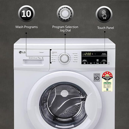 LG 7Kg 5 Star Front Load Washing Machine, Direct Drive, Steam Wash, Smart Diagnosis, Allergy Care, In-Built Heater, Touch Panel, White