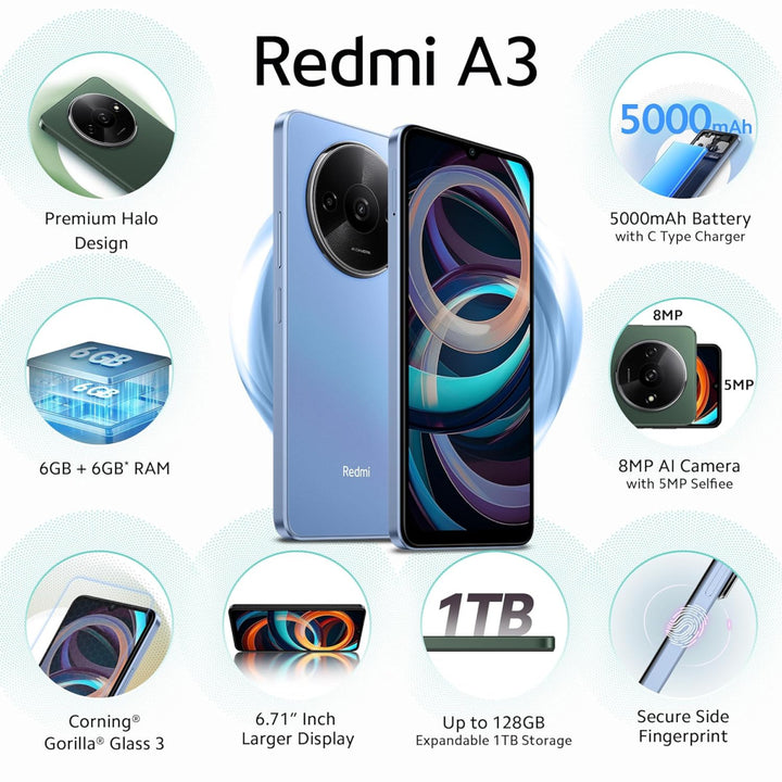 Redmi A3 Lake Blue 4GB RAM 128GB Storage  Premium Halo Design  90Hz Display  Powerful 4G G36 Processor