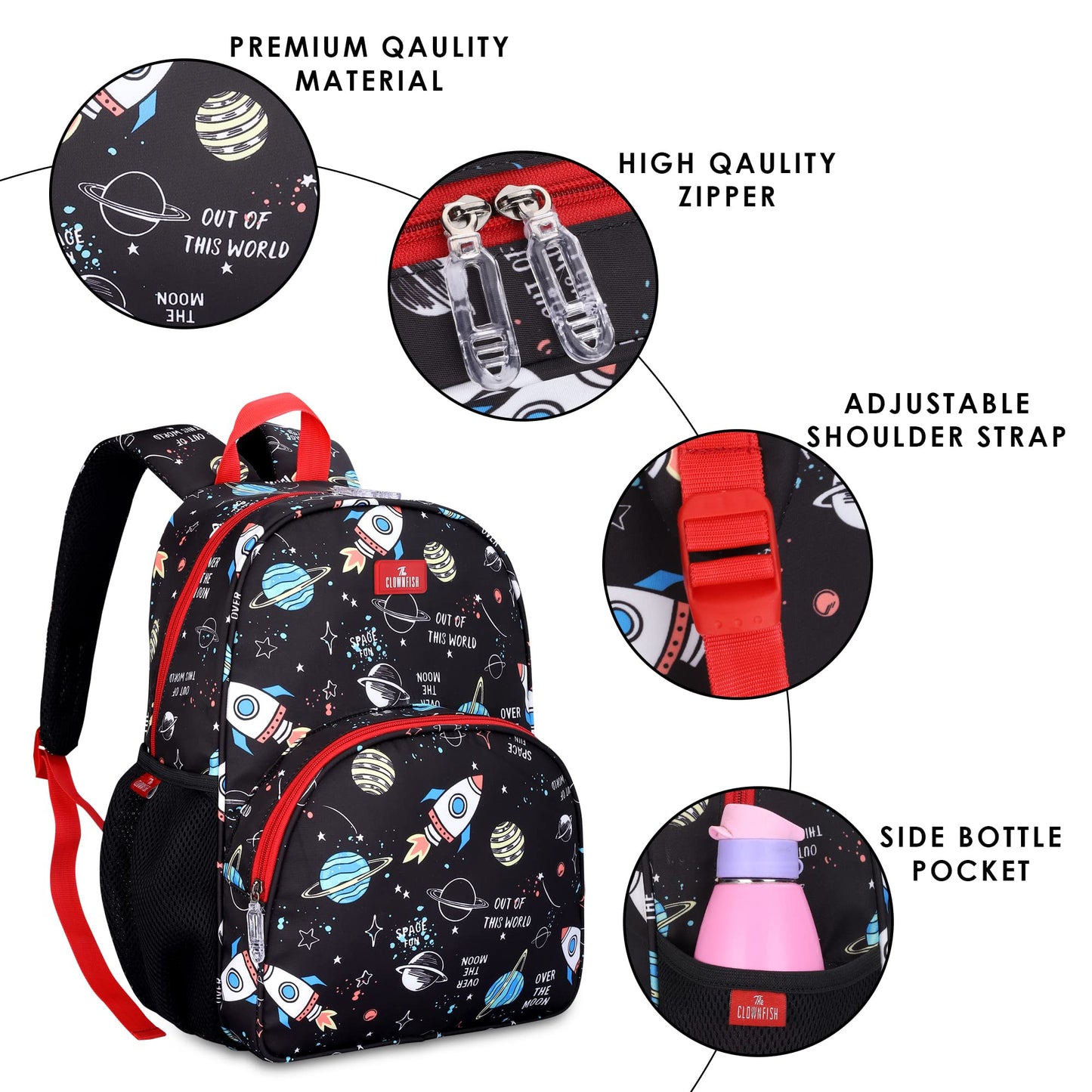 THE CLOWNFISH Kids 15L Backpack with Free Pencil Pouch, for Ages 5-7, Black, Medium Size