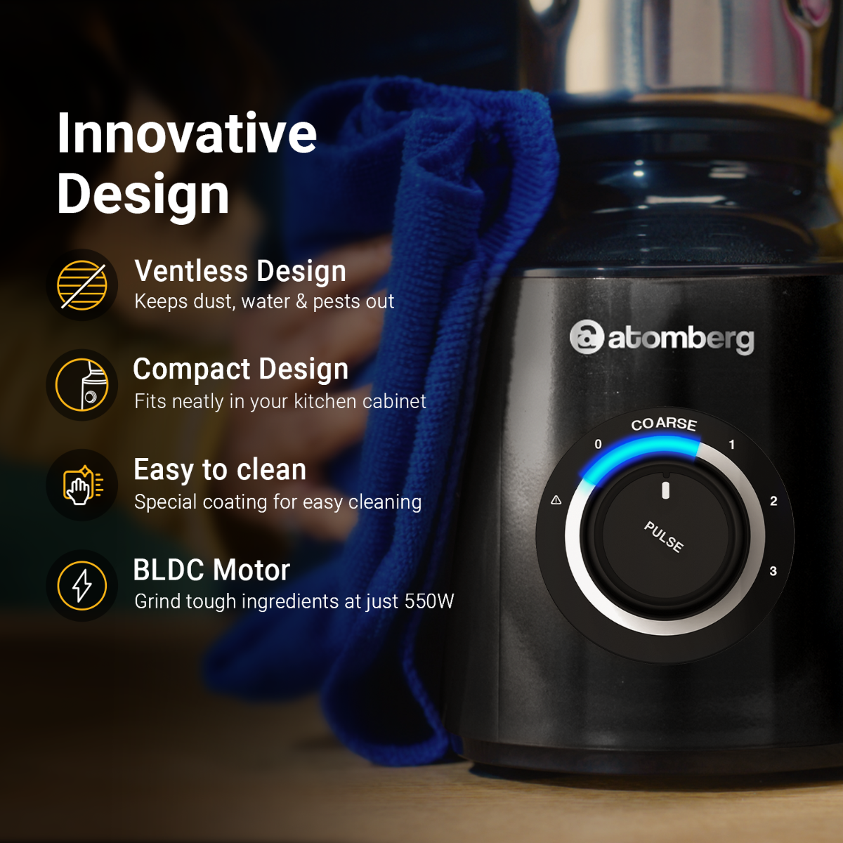 Atomberg Zenova Mixer Grinder with Unique Coarse Mode  Advanced Safety Features 4 Jars including Unique Chopper Jar with Hands Free Operation Black