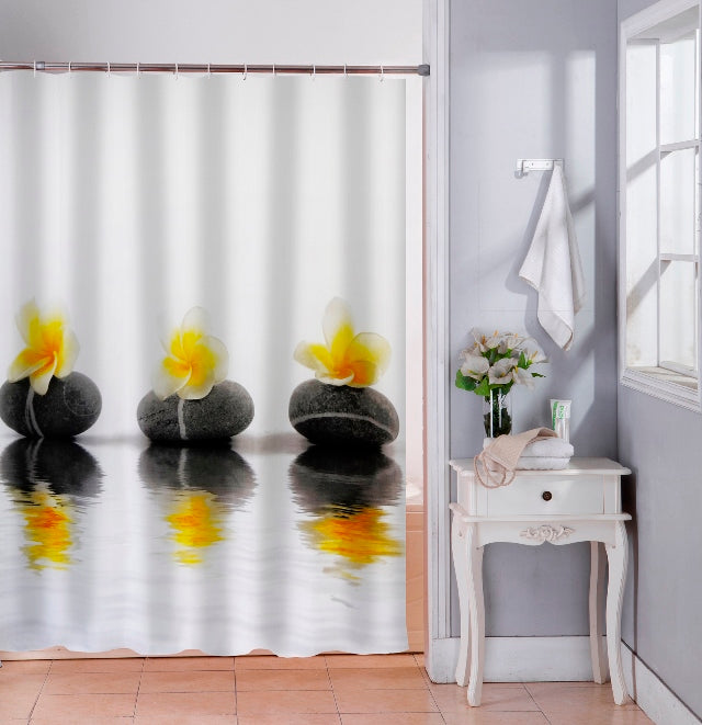 Lushomes Yellow Flower Shower Curtain, Waterproof Polyester, 6x6.5 ft, 12 Hooks, Non-PVC, For Washroom/Balcony
