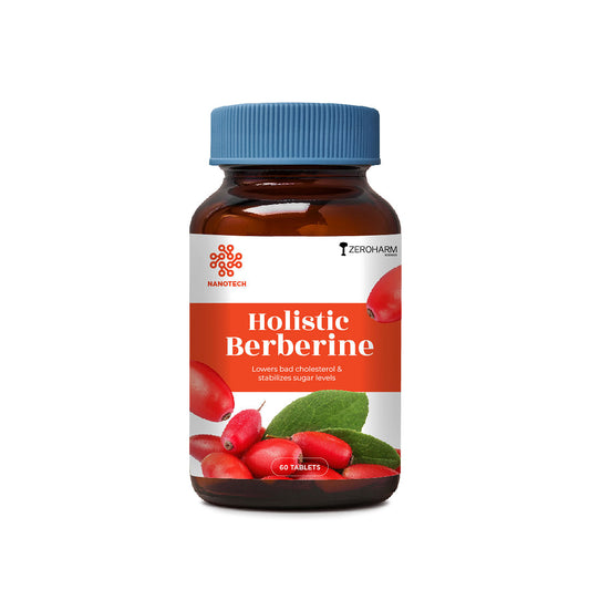 ZEROHARM Berberine tablets: Balances sugar, supports glucose metabolism, cardiovascular health, cholesterol, weight, fights fatty liver. 60 veg tablets.