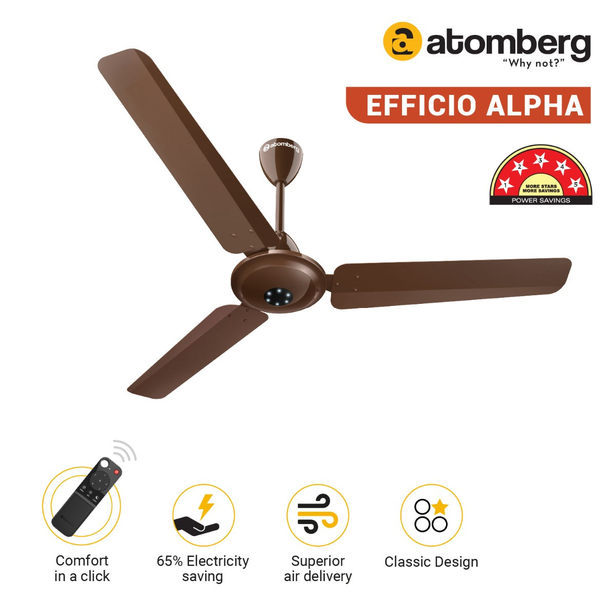 Atomberg Efficio Alpha 1200 mm BLDC Ceiling Fan with Remote Control  LED Indicators  Gloss Brown