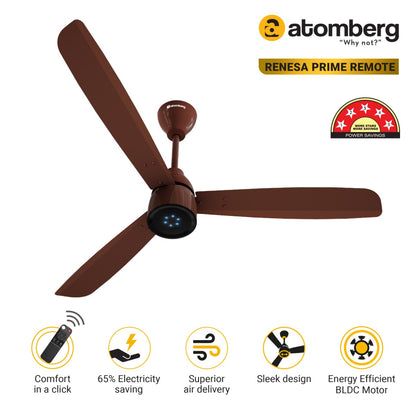 Atomberg Renesa Prime 1200 mm BLDC Ceiling Fan with Remote Control  LED Indicators  Gloss Brown