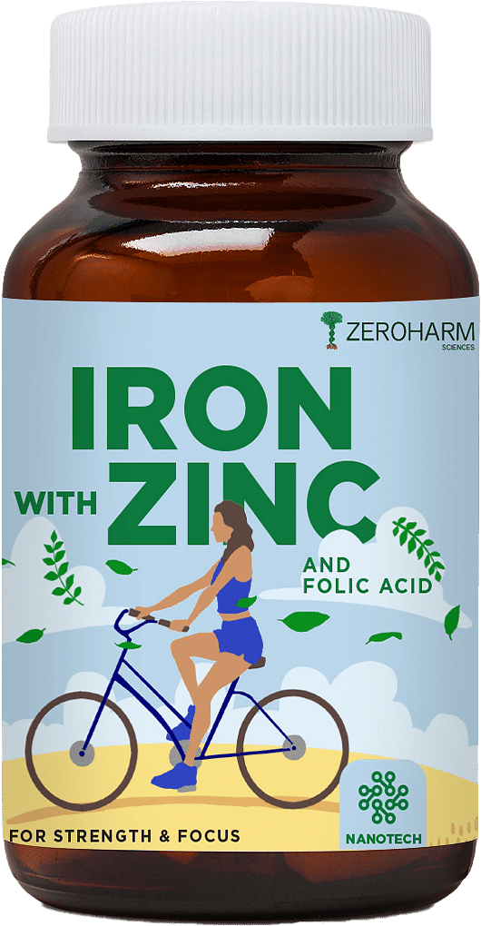 ZEROHARM Plant Based Iron With Zinc & Folic Acid: Boosts energy, strength, brain function, athletic performance, pregnancy health, and immunity.