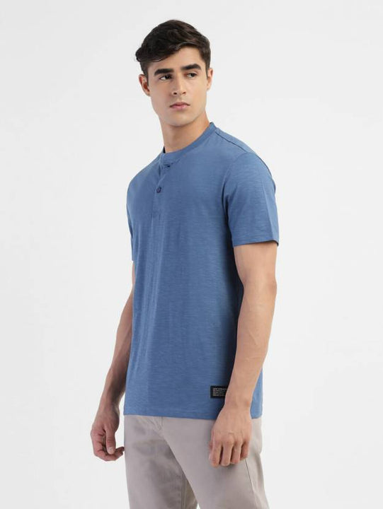 Men Self Design Henley Neck Pure Cotton Blue T-Shirt