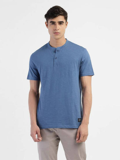 Men Self Design Henley Neck Pure Cotton Blue T-Shirt