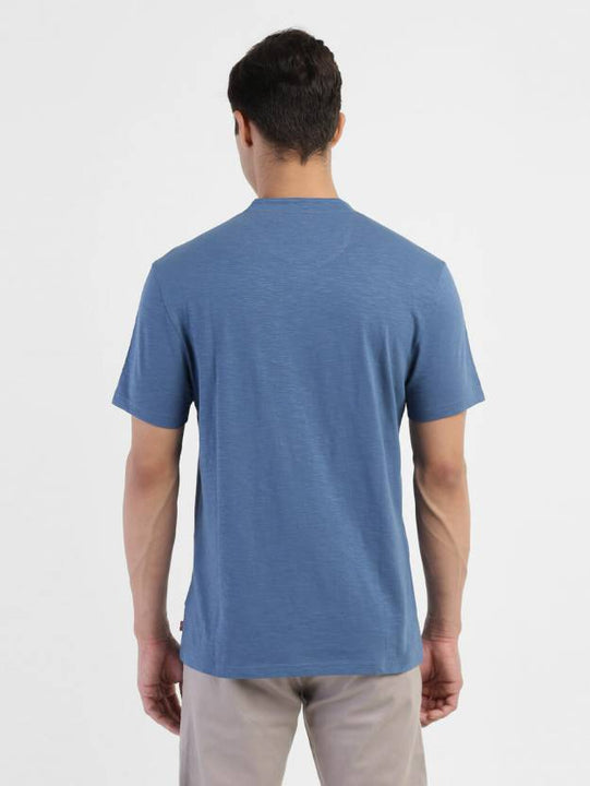 Men Self Design Henley Neck Pure Cotton Blue T-Shirt