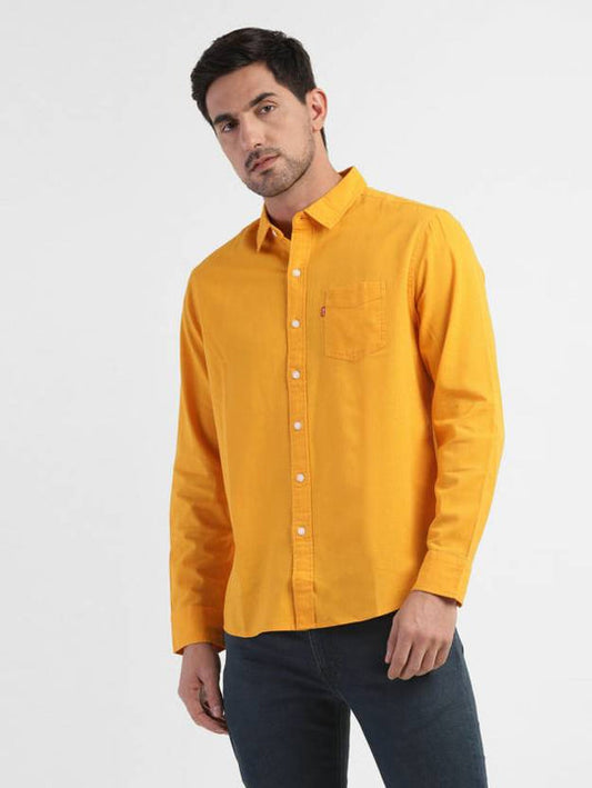 Men Slim Fit Solid Spread Collar Casual Shirt-Yellow