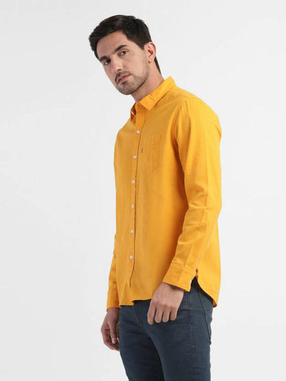 Men Slim Fit Solid Spread Collar Casual Shirt-Yellow