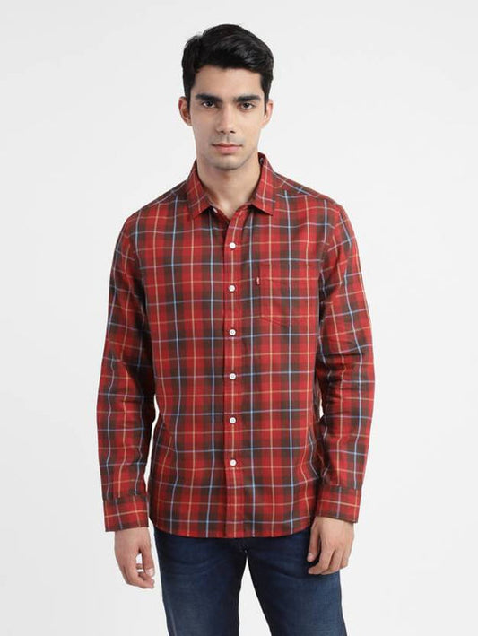 Men Slim Fit Checkered Spread Collar Casual Shirt-Red