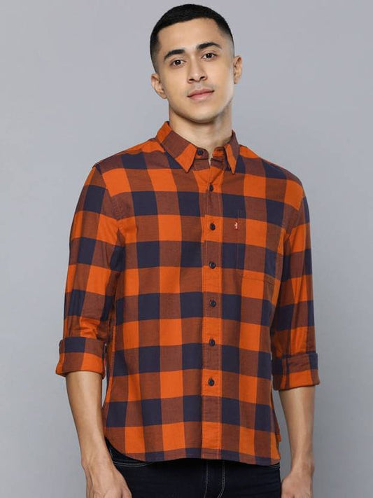 Men Slim Fit Checkered Spread Collar Casual Shirt