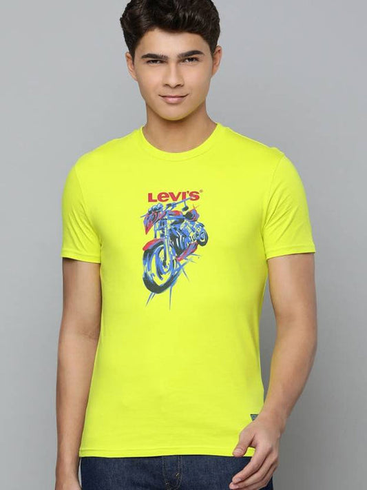 Men Graphic Print Crew Neck Pure Cotton Yellow T-Shirt