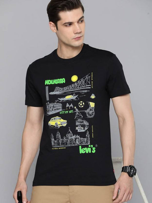 LEVISMen Graphic Print Crew Neck Pure Cotton Black T-Shirt