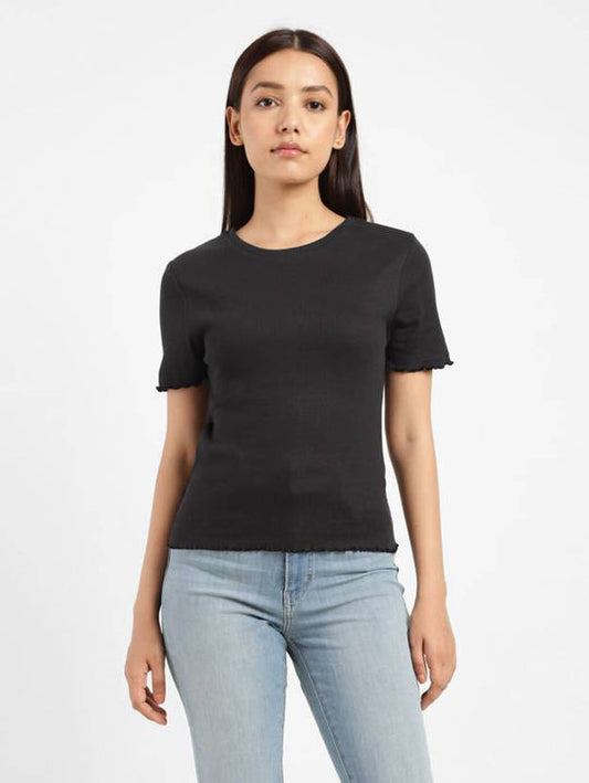 Women Solid Round Neck Cotton Blend Black T-Shirt