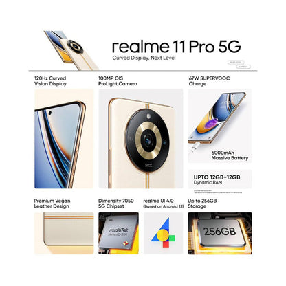 realme 11 Pro 5G Sunrise Beige 8GB RAM 256GB Storage  120 Hz Curved Display  200MP Prolight Camera  7050 5G Dimensity  100W SUPERVOOC  12GB Dynamic RAM  Premier Vegan Leather Finish Design