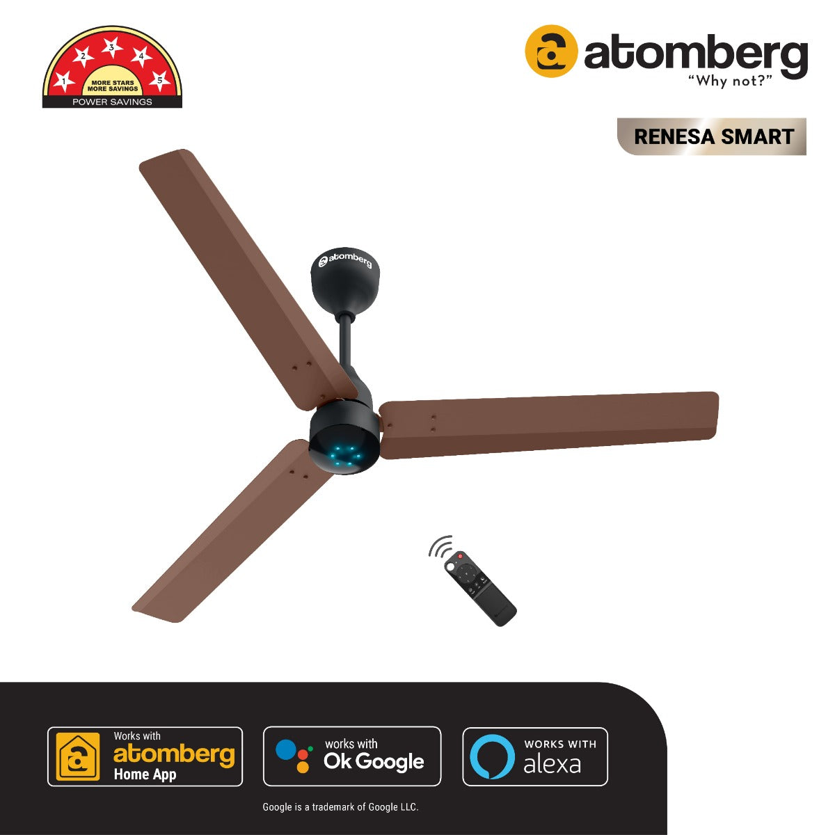 Atomberg Renesa Smart 1200 mm BLDC Ceiling Fan with IoT Remote Control  LED Indicators  Brown  Black