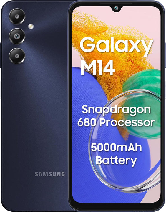 Samsung Galaxy M14 4G Sapphire Blue4GB64GB  50MP Triple Cam  5000mAh Battery  Snapdragon 680 Processor  2 Gen. OS Upgrade  4 Year Security Update  8GB RAM with RAM Plus  Without Charger