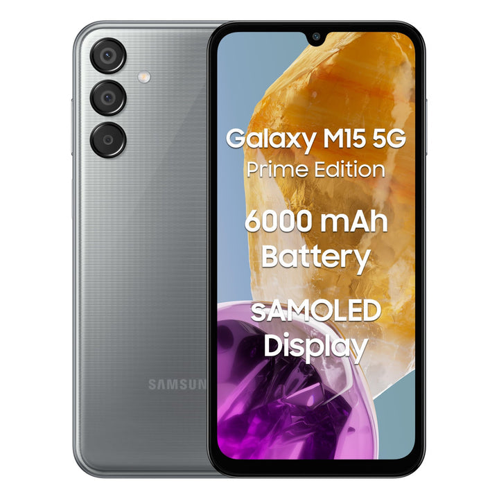 Samsung Galaxy M15 5G Prime Edition Stone Grey6GB RAM128GB Storage Super AMOLED Display 50MP Triple Cam 6000mAh Battery MediaTek Dimensity 6100 4 Gen. OS Upgrade  5 Year Security Update