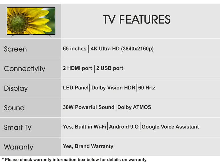 SkyWall 165 cm 65 inches 4K Ultra HD Smart Android LED TV 65SW4K-Voice  Built-in Google Assistant