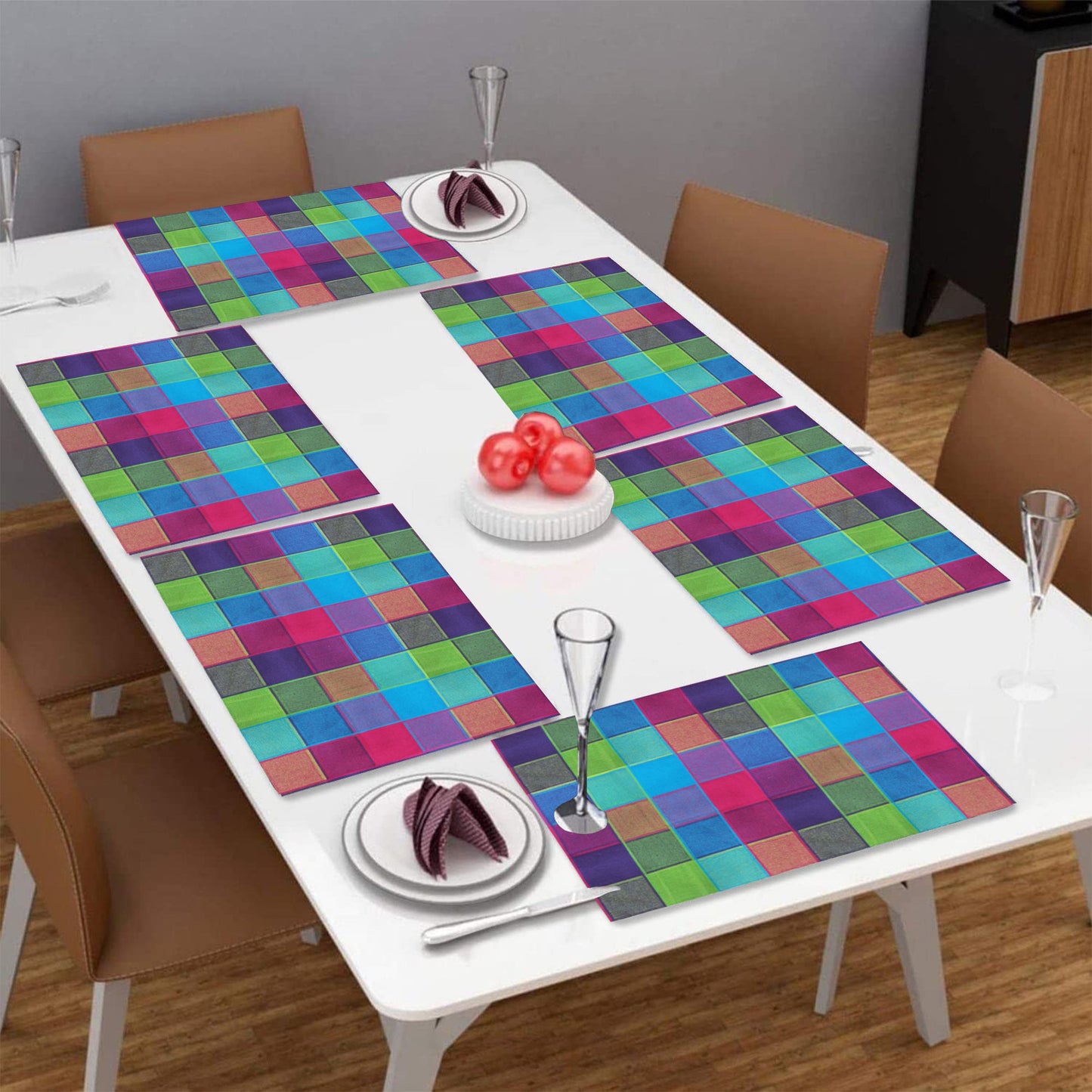 Lushomes Table Mat Multi Checks design Dining Table Mat table mats set of 6 Also Used as kitchen mat fridge mat cupboard sheets for wardrobe Fused Texture Pack of 6 13x18 Inches 33x48 Cms
