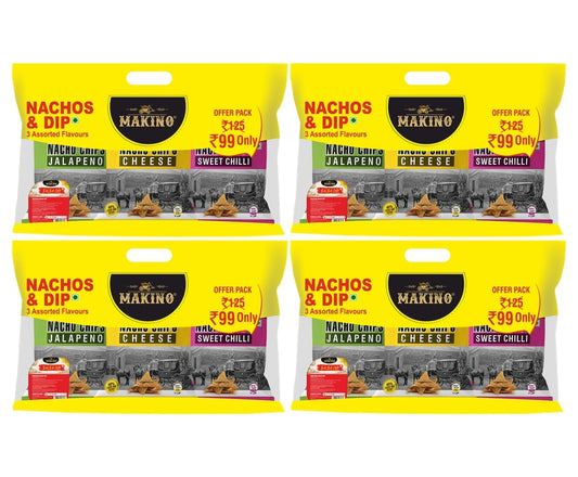 Makino Discounted Combo Bag with 3 Assorted Nachos  1 Salsa Dip Each 220 gm 4 bags x 220 gm